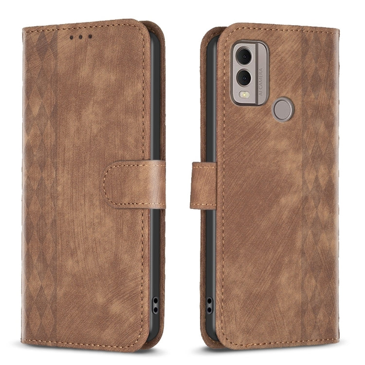 Plaid Embossed Leather Phone Case – Wear-resistant, Card Slot, Kickstand, For Nokia C12, For Nokia G42/G310, For Nokia C22, For Nokia C32 For Nokia C22 Brown