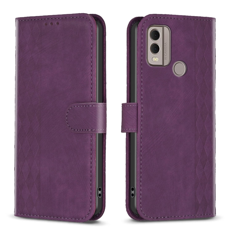 Plaid Embossed Leather Phone Case – Wear-resistant, Card Slot, Kickstand, For Nokia C12, For Nokia G42/G310, For Nokia C22, For Nokia C32 For Nokia C22 Purple