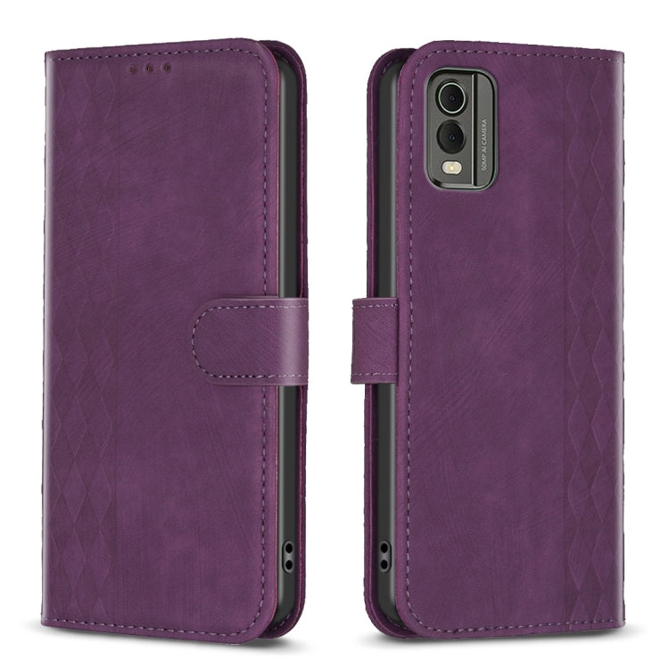 Plaid Embossed Leather Phone Case – Wear-resistant, Card Slot, Kickstand, For Nokia C12, For Nokia G42/G310, For Nokia C22, For Nokia C32 For Nokia C32 Purple