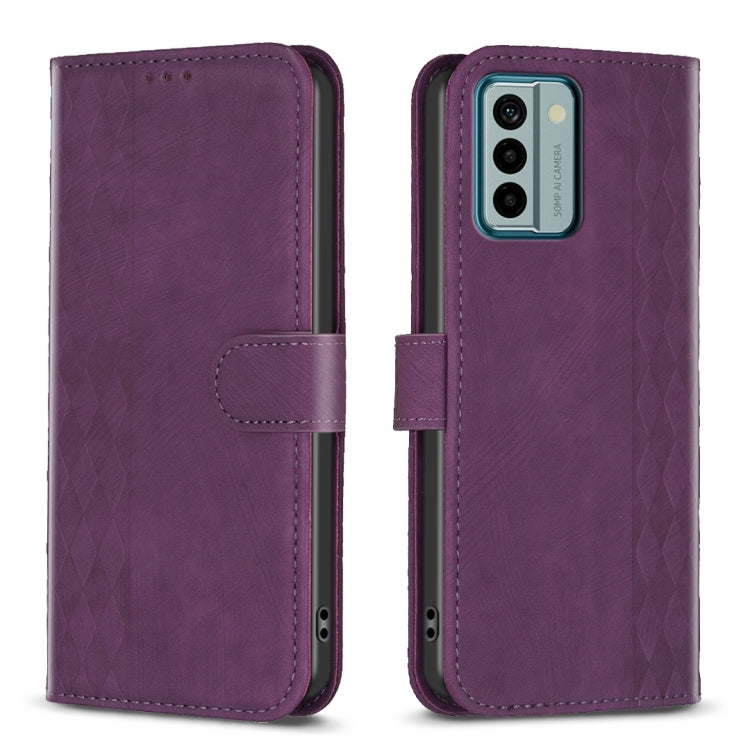 Plaid Embossed Leather Phone Case – Wear-resistant, Card Slot, Kickstand, For Nokia G21 / G11, For Nokia G22 For Nokia G22 Purple