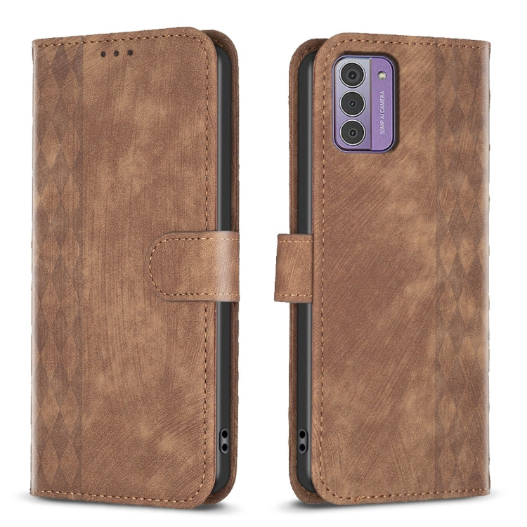 Plaid Embossed Leather Phone Case – Wear-resistant, Card Slot, Kickstand, For Nokia C12, For Nokia G42/G310, For Nokia C22, For Nokia C32 For Nokia G42 G310 Brown