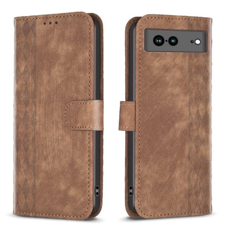 Plaid Embossed Leather Phone Case – Wear-resistant, Card Slot, Kickstand, For Google Pixel 7, For Google Pixel 7a, For Google Pixel 7 Pro, For Google Pixel 8 For Google Pixel 7a Brown