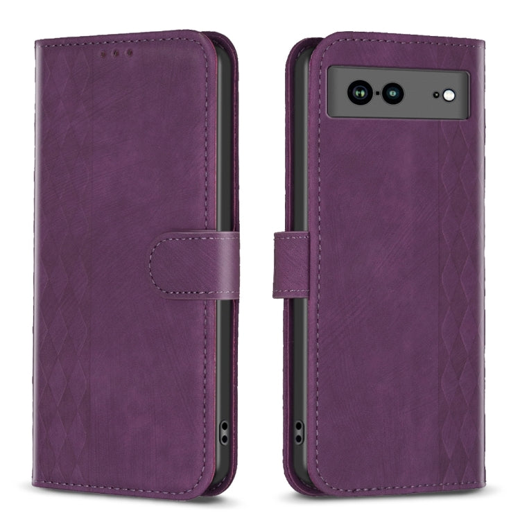 Plaid Embossed Leather Phone Case – Wear-resistant, Card Slot, Kickstand, For Google Pixel 7, For Google Pixel 7a, For Google Pixel 7 Pro, For Google Pixel 8 For Google Pixel 7a Purple