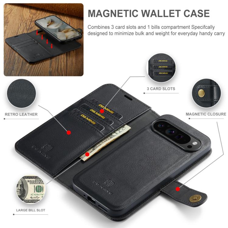 DG.MING Crazy Horse Texture Detachable Magnetic Leather Phone Case – Magnetic, Leather, TPU, For Google Pixel 10 Pro XL, For Google Pixel 10 / 10 Pro, For Google Pixel 9a, For Google Pixel 8a