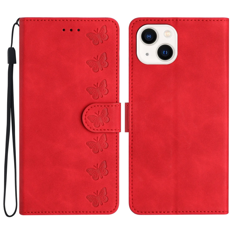 Seven Butterflies Embossed Leather Phone Case – Card Slot, Leather, TPU, For iPhone 15, For iPhone 14 Plus, For iPhone 14, For iPhone 14 Pro For iPhone 14 Red