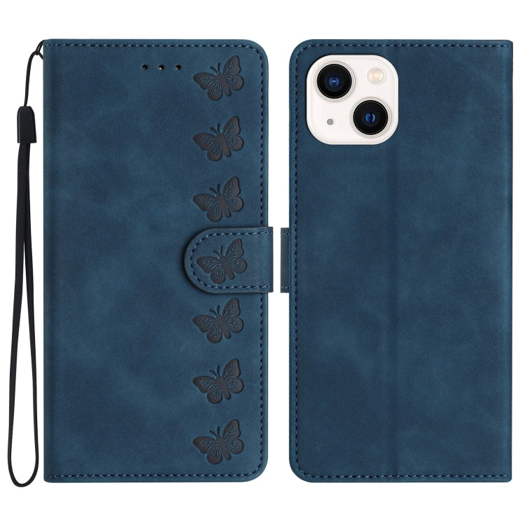 Seven Butterflies Embossed Leather Phone Case – Card Slot, Leather, TPU, For iPhone 15, For iPhone 14 Plus, For iPhone 14, For iPhone 14 Pro For iPhone 14 Blue