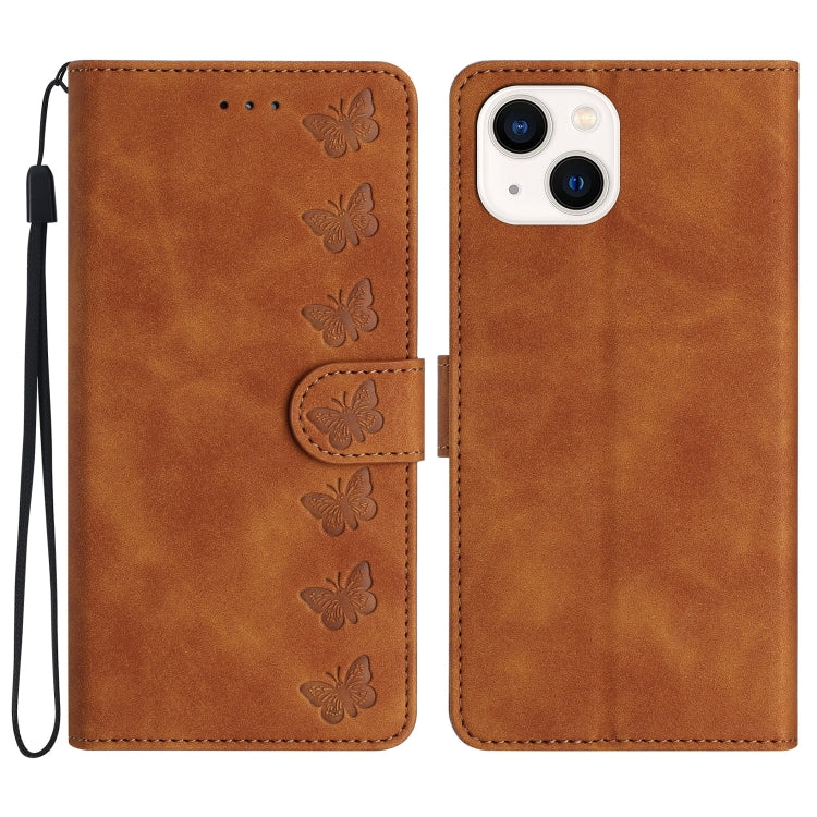 Seven Butterflies Embossed Leather Phone Case, For iPhone 15, For iPhone 14 Plus, For iPhone 14, For iPhone 14 Pro For iPhone 15 Brown