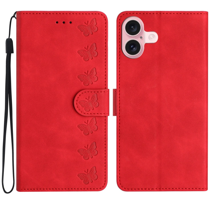 Seven Butterflies Embossed Leather Phone Case – Card Slot, Leather, TPU, For iPhone 16, For iPhone 15 Pro Max, For iPhone 15 Pro, For iPhone 15 Plus For iPhone 16 Red