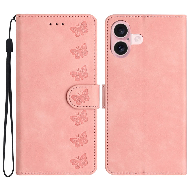 Seven Butterflies Embossed Leather Phone Case – Card Slot, Leather, TPU, For iPhone Air, For iPhone 16 Pro Max, For iPhone 16 Pro, For iPhone 16 Plus For iPhone 16 Plus Pink