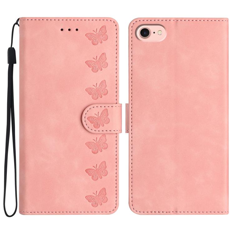 Seven Butterflies Embossed Leather Phone Case – Card Slot, Leather, TPU, For iPhone 16e / 17e, For iPhone 17 Pro Max, For iPhone 17 Pro, For iPhone 17 For iPhone 16e 17e Pink