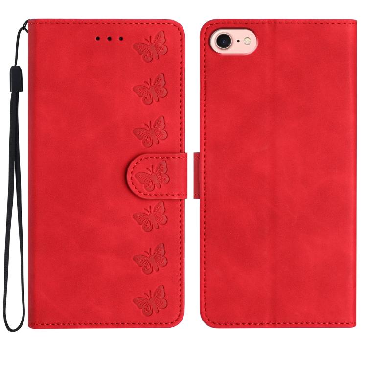 Seven Butterflies Embossed Leather Phone Case – Card Slot, Leather, TPU, For iPhone 16e / 17e, For iPhone 17 Pro Max, For iPhone 17 Pro, For iPhone 17 For iPhone 16e 17e Red