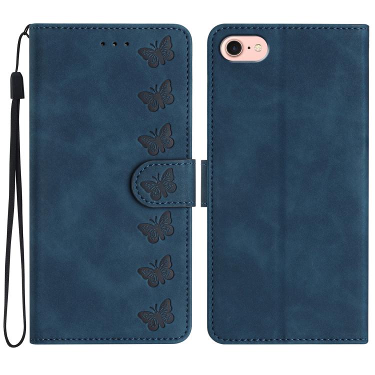 Seven Butterflies Embossed Leather Phone Case – Card Slot, Leather, TPU, For iPhone 16e / 17e, For iPhone 17 Pro Max, For iPhone 17 Pro, For iPhone 17 For iPhone 16e 17e Blue