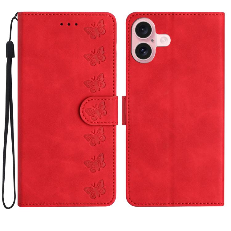 Seven Butterflies Embossed Leather Phone Case – Card Slot, Leather, TPU, For iPhone 16e / 17e, For iPhone 17 Pro Max, For iPhone 17 Pro, For iPhone 17 For iPhone 17 Red