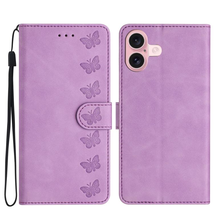 Seven Butterflies Embossed Leather Phone Case – Card Slot, Leather, TPU, For iPhone 16e / 17e, For iPhone 17 Pro Max, For iPhone 17 Pro, For iPhone 17 For iPhone 17 Purple
