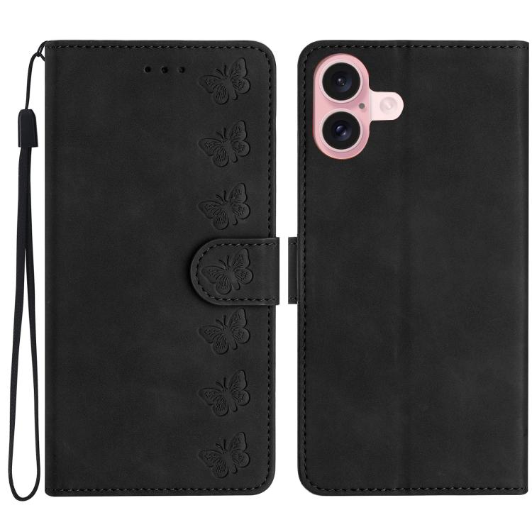 Seven Butterflies Embossed Leather Phone Case – Card Slot, Leather, TPU, For iPhone 16e / 17e, For iPhone 17 Pro Max, For iPhone 17 Pro, For iPhone 17 For iPhone 17 Black