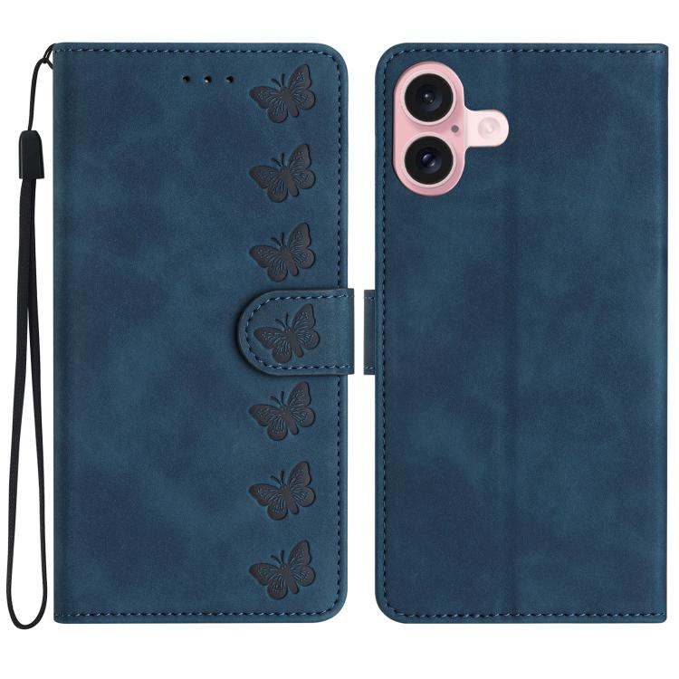 Seven Butterflies Embossed Leather Phone Case – Card Slot, Leather, TPU, For iPhone 16e / 17e, For iPhone 17 Pro Max, For iPhone 17 Pro, For iPhone 17 For iPhone 17 Blue