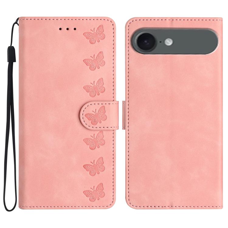 Seven Butterflies Embossed Leather Phone Case – Card Slot, Leather, TPU, For iPhone Air, For iPhone 16 Pro Max, For iPhone 16 Pro, For iPhone 16 Plus For iPhone Air Pink