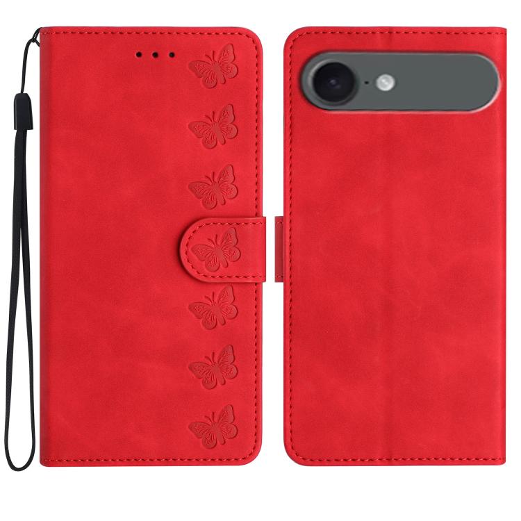Seven Butterflies Embossed Leather Phone Case – Card Slot, Leather, TPU, For iPhone Air, For iPhone 16 Pro Max, For iPhone 16 Pro, For iPhone 16 Plus For iPhone Air Red