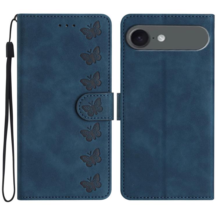 Seven Butterflies Embossed Leather Phone Case – Card Slot, Leather, TPU, For iPhone Air, For iPhone 16 Pro Max, For iPhone 16 Pro, For iPhone 16 Plus For iPhone Air Blue