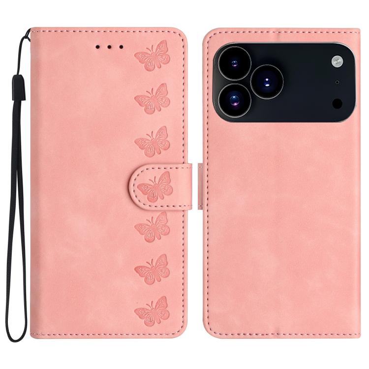 Seven Butterflies Embossed Leather Phone Case – Card Slot, Leather, TPU, For iPhone 16e / 17e, For iPhone 17 Pro Max, For iPhone 17 Pro, For iPhone 17 For iPhone 17 Pro Pink