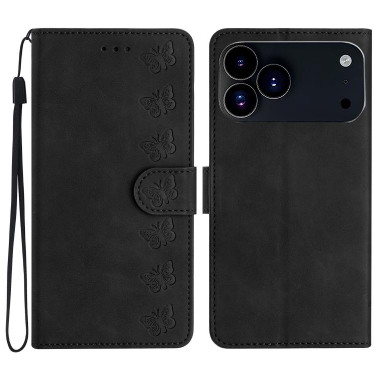 Seven Butterflies Embossed Leather Phone Case – Card Slot, Leather, TPU, For iPhone 16e / 17e, For iPhone 17 Pro Max, For iPhone 17 Pro, For iPhone 17 For iPhone 17 Pro Black