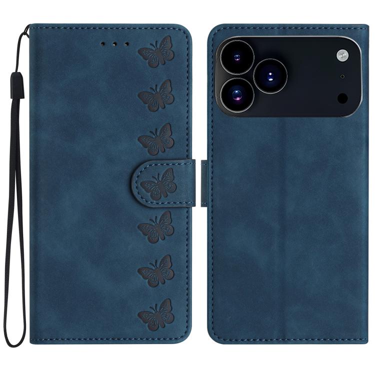 Seven Butterflies Embossed Leather Phone Case – Card Slot, Leather, TPU, For iPhone 16e / 17e, For iPhone 17 Pro Max, For iPhone 17 Pro, For iPhone 17 For iPhone 17 Pro Blue
