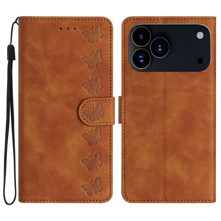 Seven Butterflies Embossed Leather Phone Case – Card Slot, Leather, TPU, For iPhone 16e / 17e, For iPhone 17 Pro Max, For iPhone 17 Pro, For iPhone 17 For iPhone 17 Pro Max Brown