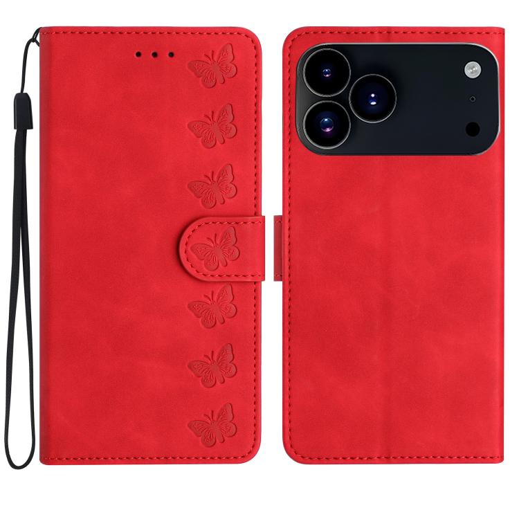 Seven Butterflies Embossed Leather Phone Case – Card Slot, Leather, TPU, For iPhone 16e / 17e, For iPhone 17 Pro Max, For iPhone 17 Pro, For iPhone 17 For iPhone 17 Pro Max Red