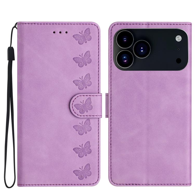 Seven Butterflies Embossed Leather Phone Case – Card Slot, Leather, TPU, For iPhone 16e / 17e, For iPhone 17 Pro Max, For iPhone 17 Pro, For iPhone 17 For iPhone 17 Pro Max Purple