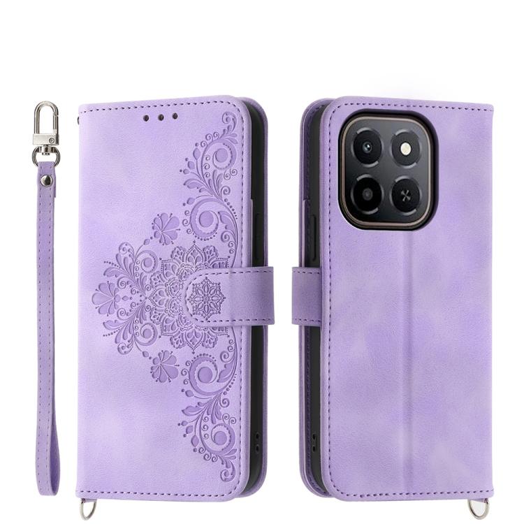 Skin Feel Flowers Embossed Wallet Leather Phone Case – Wear-resistant, Card Slot, Kickstand, For Honor 600 Global / 600 Pro Global, For Honor X9d 5G / X70 5G, For Honor X6c 4G / X5b / X5b Plus, For Honor 400 Pro Global 160.8mm For Honor X6c 4G X5b X5b Plus Purple