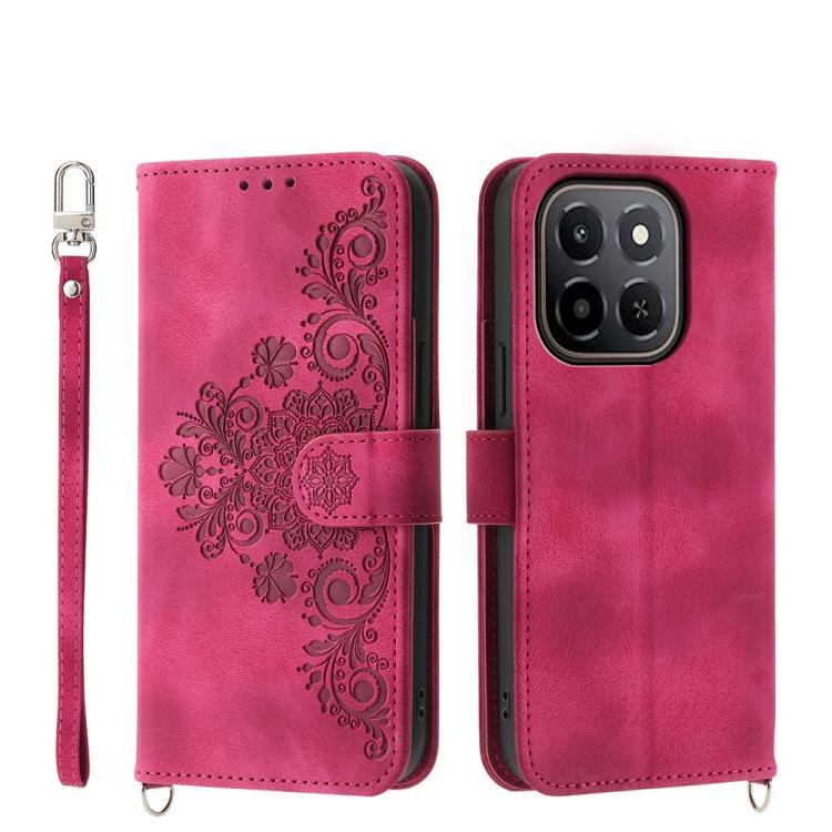 Skin Feel Flowers Embossed Wallet Leather Phone Case – Wear-resistant, Card Slot, Kickstand, For Honor 600 Global / 600 Pro Global, For Honor X9d 5G / X70 5G, For Honor X6c 4G / X5b / X5b Plus, For Honor 400 Pro Global 160.8mm For Honor X6c 4G X5b X5b Plus Wine Red