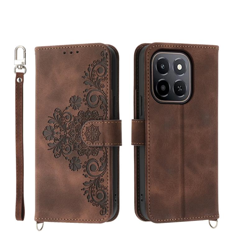 Skin Feel Flowers Embossed Wallet Leather Phone Case – Wear-resistant, Card Slot, Kickstand, For Honor 600 Global / 600 Pro Global, For Honor X9d 5G / X70 5G, For Honor X6c 4G / X5b / X5b Plus, For Honor 400 Pro Global 160.8mm For Honor X6c 4G X5b X5b Plus Brown