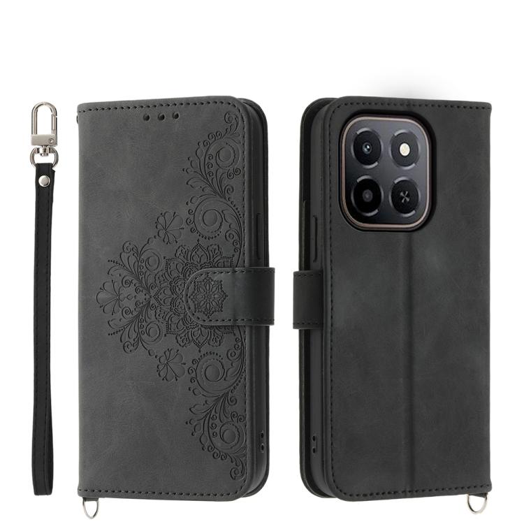 Skin Feel Flowers Embossed Wallet Leather Phone Case – Wear-resistant, Card Slot, Kickstand, For Honor 600 Global / 600 Pro Global, For Honor X9d 5G / X70 5G, For Honor X6c 4G / X5b / X5b Plus, For Honor 400 Pro Global 160.8mm For Honor X6c 4G X5b X5b Plus Black