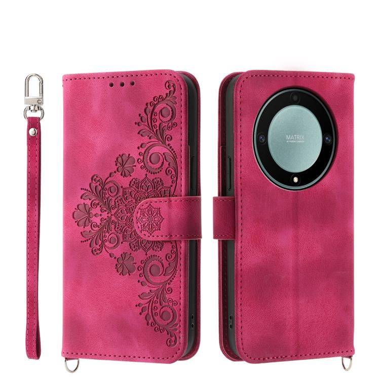 Skin Feel Flowers Embossed Wallet Leather Phone Case – Wear-resistant, Card Slot, Kickstand, For Honor 600 Global / 600 Pro Global, For Honor X9d 5G / X70 5G, For Honor X6c 4G / X5b / X5b Plus, For Honor 400 Pro Global 160.8mm For Honor X9d 5G X70 5G Wine Red