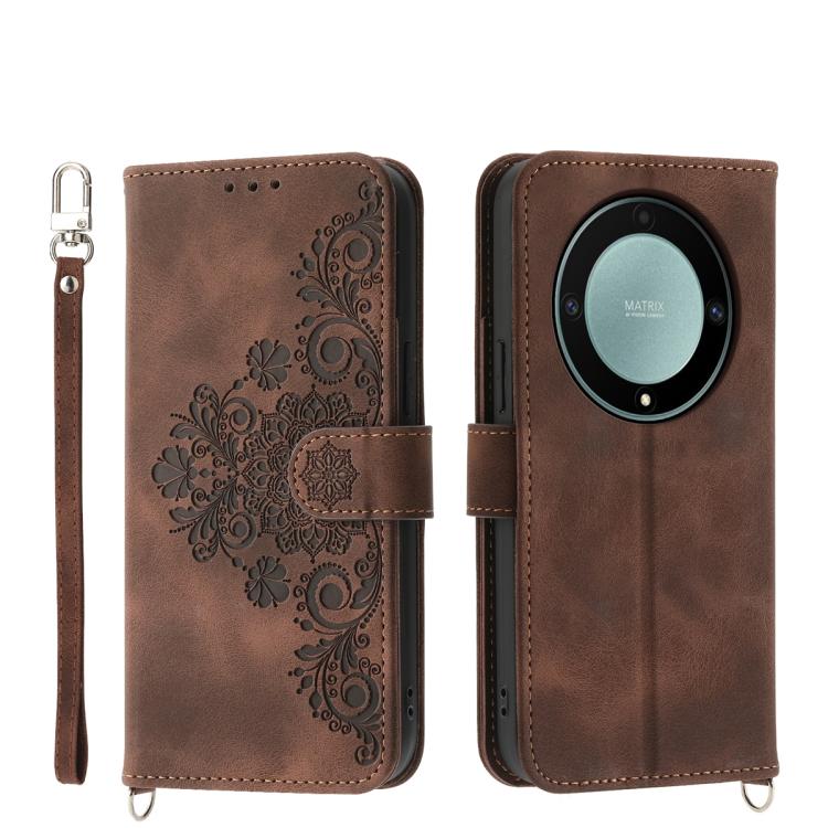 Skin Feel Flowers Embossed Wallet Leather Phone Case – Wear-resistant, Card Slot, Kickstand, For Honor 600 Global / 600 Pro Global, For Honor X9d 5G / X70 5G, For Honor X6c 4G / X5b / X5b Plus, For Honor 400 Pro Global 160.8mm For Honor X9d 5G X70 5G Brown
