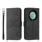 Skin Feel Flowers Embossed Wallet Leather Phone Case – Wear-resistant, Card Slot, Kickstand, For Honor 600 Global / 600 Pro Global, For Honor X9d 5G / X70 5G, For Honor X6c 4G / X5b / X5b Plus, For Honor 400 Pro Global 160.8mm For Honor X9d 5G X70 5G Black