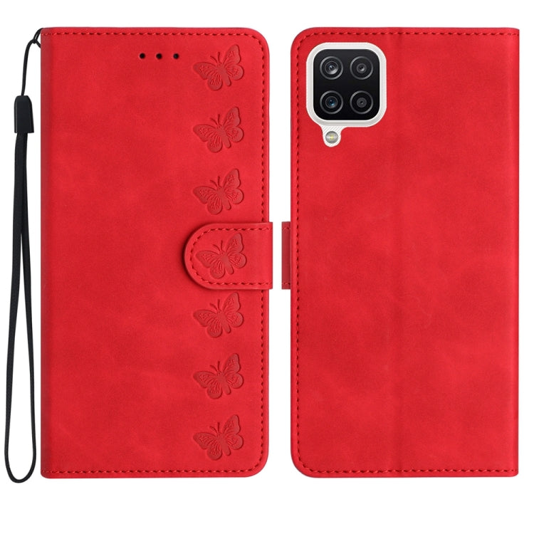 Seven Butterflies Embossed Leather Phone Case – Card Slot, Leather, TPU, For Samsung Galaxy A05, For Samsung Galaxy A10 / M10, For Samsung Galaxy A12 5G, For Samsung Galaxy A13 4G For Samsung Galaxy A12 5G Red