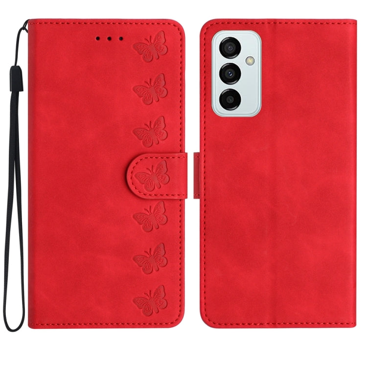 Seven Butterflies Embossed Leather Phone Case – Card Slot, Leather, TPU, For Samsung Galaxy M32, For Samsung Galaxy M52 5G, For Samsung Galaxy M53 For Samsung Galaxy M52 5G Red