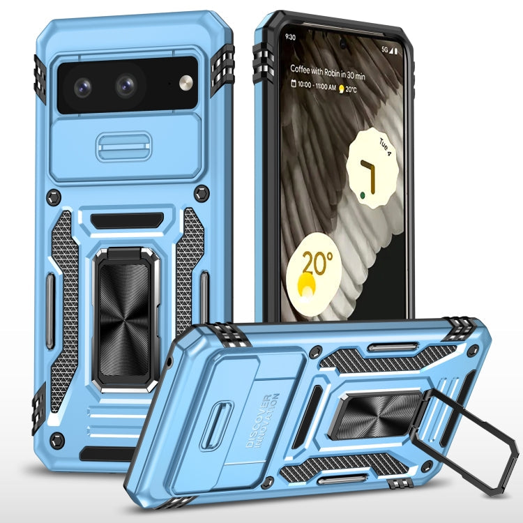 Armor PC + TPU Camera Shield Phone Case – Magnetic, TPU, For Google Pixel 8 Pro, For Google Pixel 8 For Google Pixel 8 Light Blue