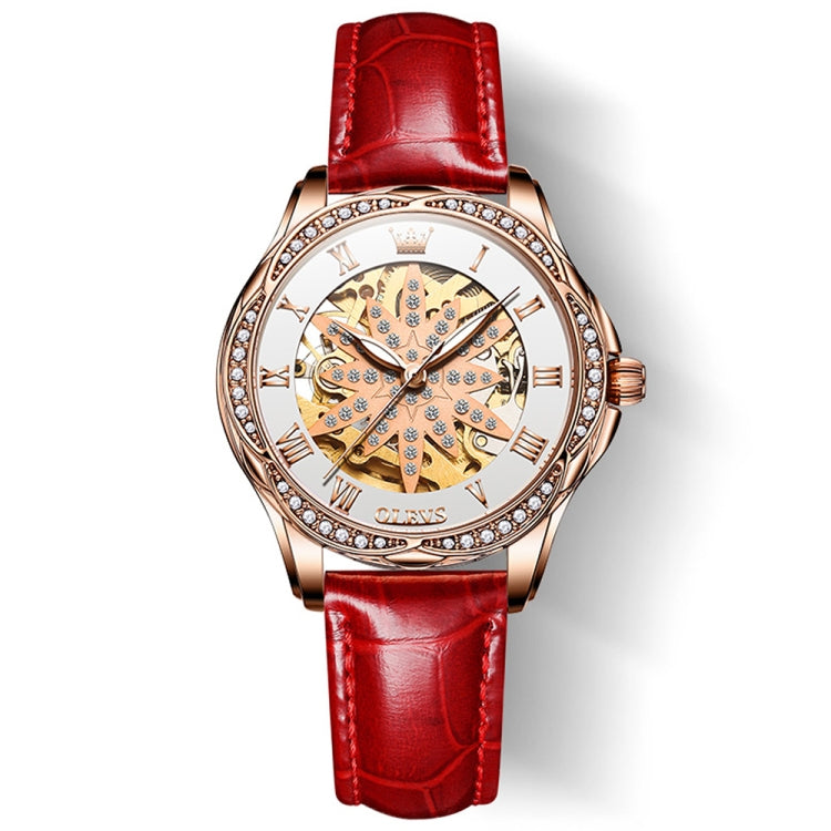 OLEVS 6681 Women Multifunctional Hollow Waterproof Mechanical Watch White Surface Red Belt