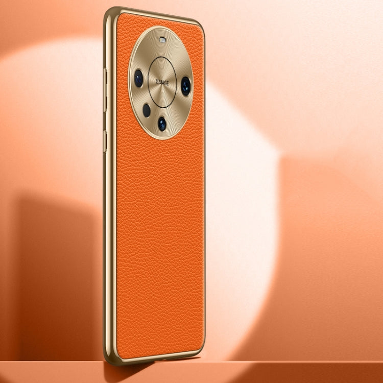 Litchi Texture Genuine Leather Phone Case – Leather, TPU, For Huawei Mate 60, For Huawei Mate 60 Pro
