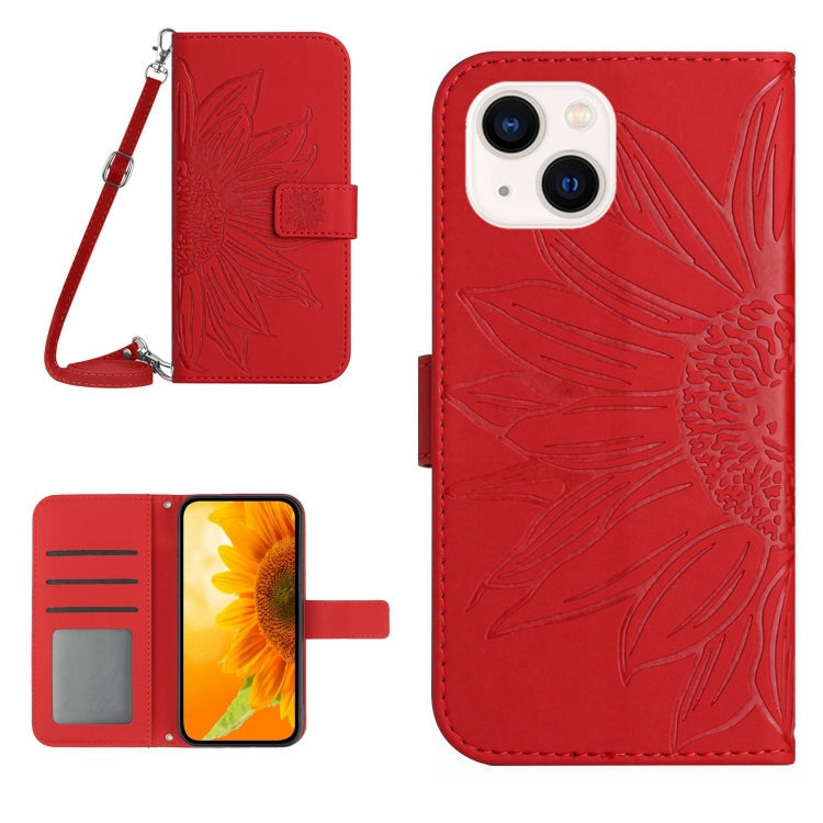 Skin Feel Sun Flower Embossed Flip Leather Phone Case with Lanyard – Lanyard, Card Slot, Flip, For iPhone 15 Pro, For iPhone 15 Plus For iPhone 15 Plus Red