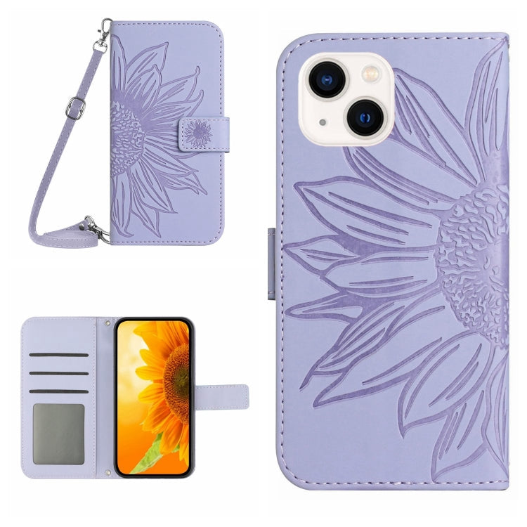 Skin Feel Sun Flower Embossed Flip Leather Phone Case with Lanyard – Lanyard, Card Slot, Flip, For iPhone 15 Pro, For iPhone 15 Plus For iPhone 15 Plus Purple