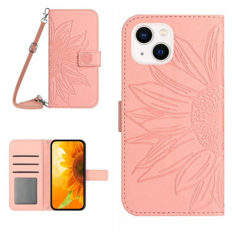Skin Feel Sun Flower Embossed Flip Leather Phone Case with Lanyard – Lanyard, Card Slot, Flip, For iPhone 15 Pro, For iPhone 15 Plus For iPhone 15 Plus Pink