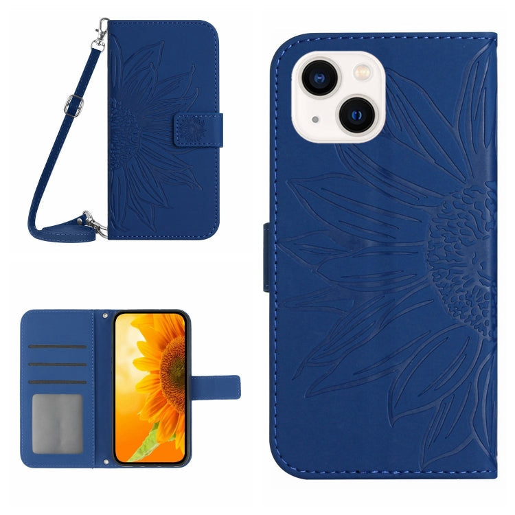 Skin Feel Sun Flower Embossed Flip Leather Phone Case with Lanyard – Lanyard, Card Slot, Flip, For iPhone 15 Pro, For iPhone 15 Plus For iPhone 15 Plus Dark Blue