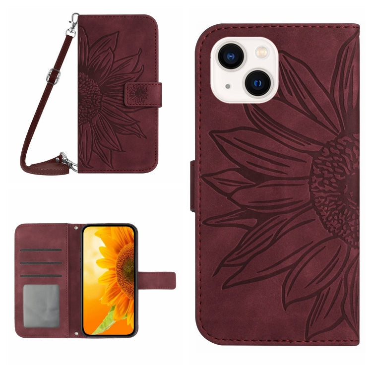 Skin Feel Sun Flower Embossed Flip Leather Phone Case with Lanyard – Lanyard, Card Slot, Flip, For iPhone 15 Pro, For iPhone 15 Plus For iPhone 15 Plus Wine Red