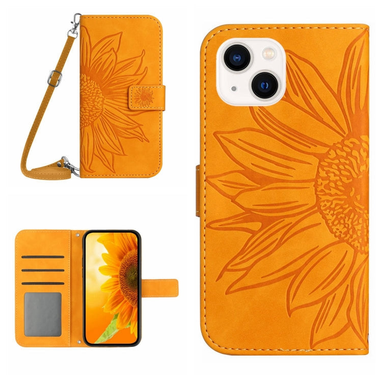 Skin Feel Sun Flower Embossed Flip Leather Phone Case with Lanyard – Lanyard, Card Slot, Flip, For iPhone 15 Pro, For iPhone 15 Plus For iPhone 15 Plus Yellow