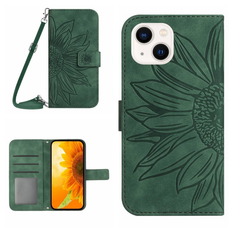 Skin Feel Sun Flower Embossed Flip Leather Phone Case with Lanyard – Lanyard, Card Slot, Flip, For iPhone 15 Pro, For iPhone 15 Plus For iPhone 15 Plus Green
