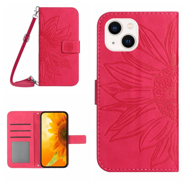 Skin Feel Sun Flower Embossed Flip Leather Phone Case with Lanyard – Lanyard, Card Slot, Flip, For iPhone 15 Pro, For iPhone 15 Plus For iPhone 15 Plus Rose Red