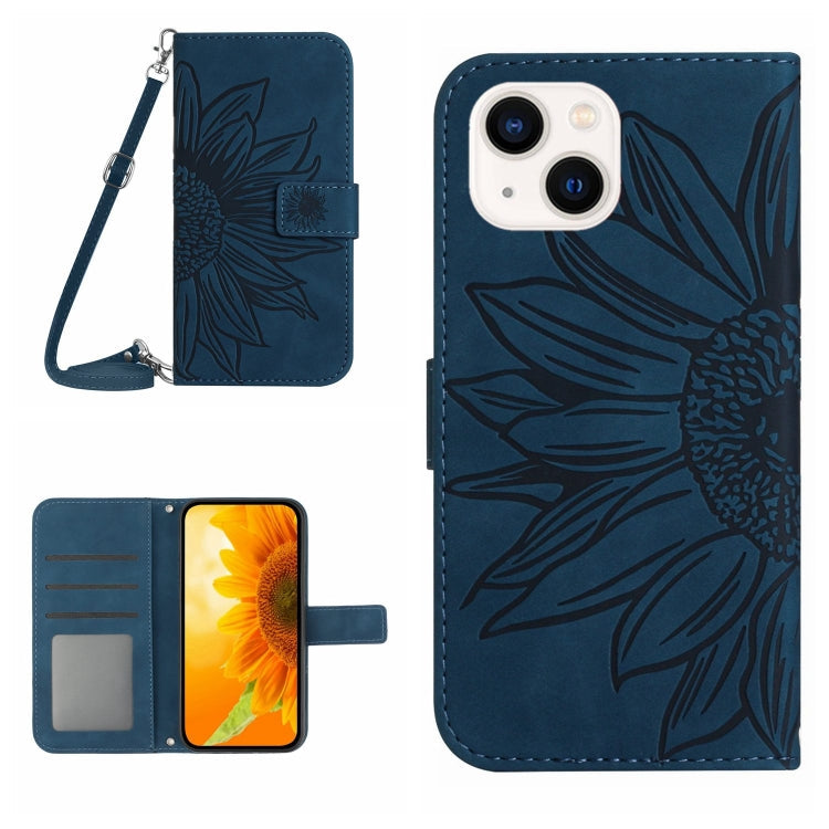 Skin Feel Sun Flower Embossed Flip Leather Phone Case with Lanyard – Lanyard, Card Slot, Flip, For iPhone 15 Pro, For iPhone 15 Plus For iPhone 15 Plus Inky Blue